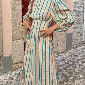 Blue & Yellow Striped Linen VRG GRL Midi Dress